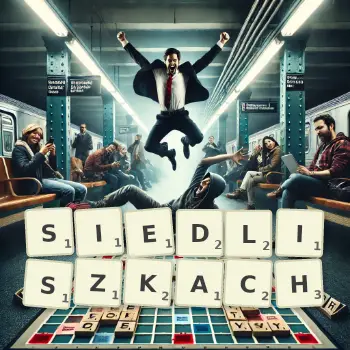 Kreatywna ilustracja do gry w Scrabble ze słowem SIEDLISZKACH ułożonym z płytek na planszy.