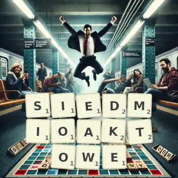 Kreatywna ilustracja do gry w Scrabble ze słowem SIEDMIOAKTOWE ułożonym z płytek na planszy.