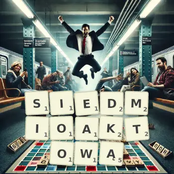 Kreatywna ilustracja do gry w Scrabble ze słowem SIEDMIOAKTOWĄ ułożonym z płytek na planszy.