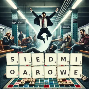 Kreatywna ilustracja do gry w Scrabble ze słowem SIEDMIOAROWE ułożonym z płytek na planszy.