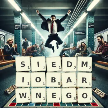 Kreatywna ilustracja do gry w Scrabble ze słowem SIEDMIOBARWNEGO ułożonym z płytek na planszy.