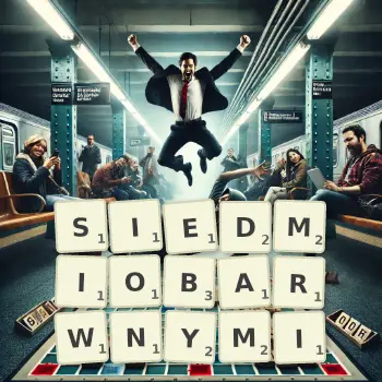 Kreatywna ilustracja do gry w Scrabble ze słowem SIEDMIOBARWNYMI ułożonym z płytek na planszy.