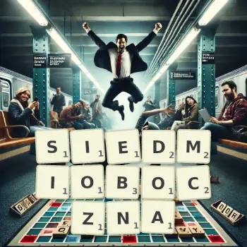 Kreatywna ilustracja do gry w Scrabble ze słowem SIEDMIOBOCZNA ułożonym z płytek na planszy.