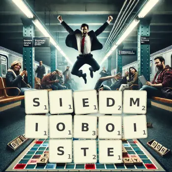 Kreatywna ilustracja do gry w Scrabble ze słowem SIEDMIOBOISTE ułożonym z płytek na planszy.