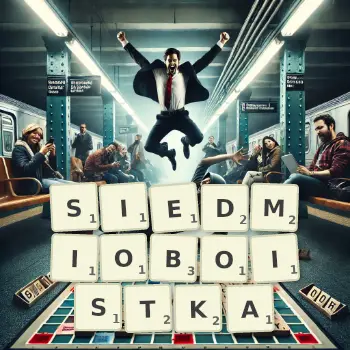 Kreatywna ilustracja do gry w Scrabble ze słowem SIEDMIOBOISTKA ułożonym z płytek na planszy.