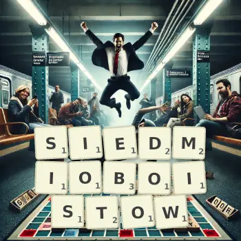 Kreatywna ilustracja do gry w Scrabble ze słowem SIEDMIOBOISTOW ułożonym z płytek na planszy.