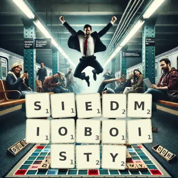 Kreatywna ilustracja do gry w Scrabble ze słowem SIEDMIOBOISTY ułożonym z płytek na planszy.