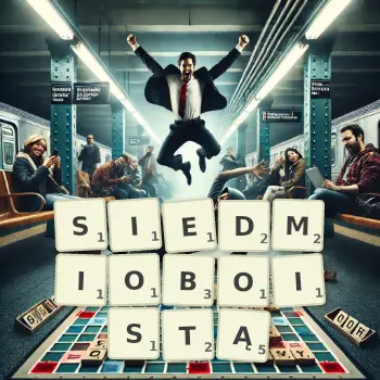 Kreatywna ilustracja do gry w Scrabble ze słowem SIEDMIOBOISTĄ ułożonym z płytek na planszy.