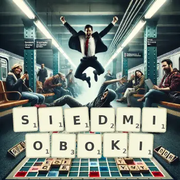 Kreatywna ilustracja do gry w Scrabble ze słowem SIEDMIOBOKI ułożonym z płytek na planszy.