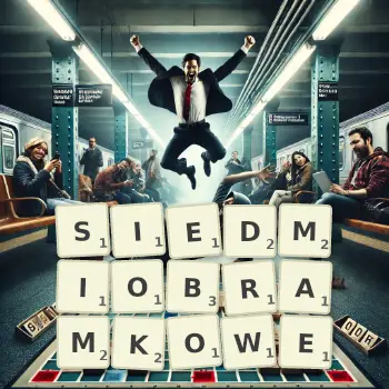 Kreatywna ilustracja do gry w Scrabble ze słowem SIEDMIOBRAMKOWE ułożonym z płytek na planszy.