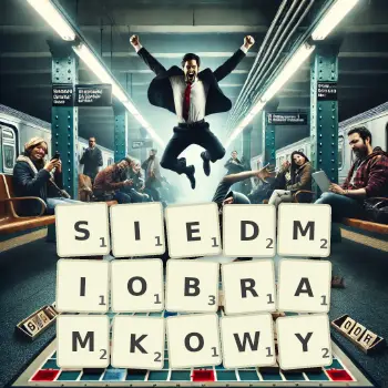 Kreatywna ilustracja do gry w Scrabble ze słowem SIEDMIOBRAMKOWY ułożonym z płytek na planszy.
