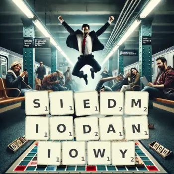 Kreatywna ilustracja do gry w Scrabble ze słowem SIEDMIODANIOWY ułożonym z płytek na planszy.