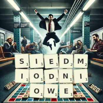 Kreatywna ilustracja do gry w Scrabble ze słowem SIEDMIODNIOWE ułożonym z płytek na planszy.