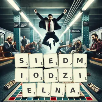 Kreatywna ilustracja do gry w Scrabble ze słowem SIEDMIODZIELNA ułożonym z płytek na planszy.