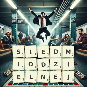 Kreatywna ilustracja do gry w Scrabble ze słowem SIEDMIODZIELNEJ ułożonym z płytek na planszy.