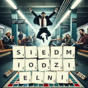 Kreatywna ilustracja do gry w Scrabble ze słowem SIEDMIODZIELNI ułożonym z płytek na planszy.