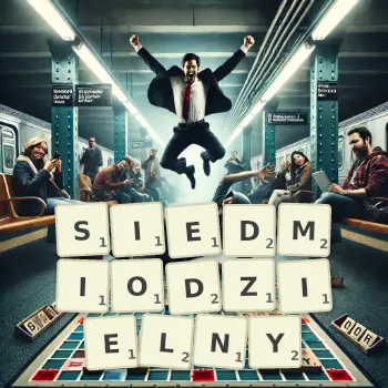 Kreatywna ilustracja do gry w Scrabble ze słowem SIEDMIODZIELNY ułożonym z płytek na planszy.