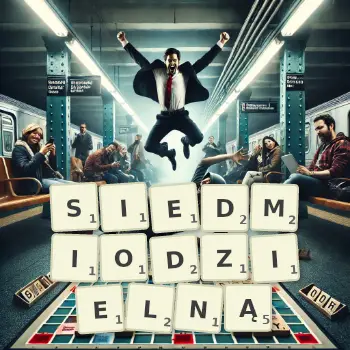 Kreatywna ilustracja do gry w Scrabble ze słowem SIEDMIODZIELNĄ ułożonym z płytek na planszy.