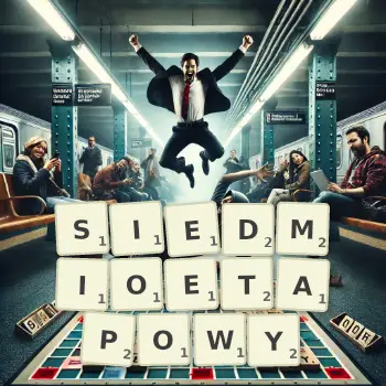 Kreatywna ilustracja do gry w Scrabble ze słowem SIEDMIOETAPOWY ułożonym z płytek na planszy.