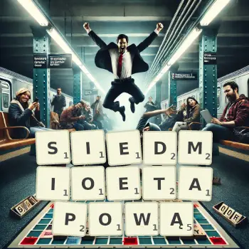 Kreatywna ilustracja do gry w Scrabble ze słowem SIEDMIOETAPOWĄ ułożonym z płytek na planszy.