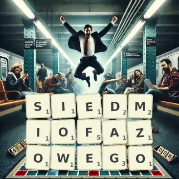 Kreatywna ilustracja do gry w Scrabble ze słowem SIEDMIOFAZOWEGO ułożonym z płytek na planszy.