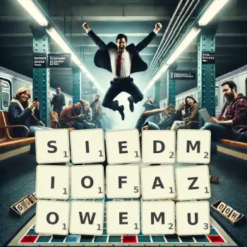 Kreatywna ilustracja do gry w Scrabble ze słowem SIEDMIOFAZOWEMU ułożonym z płytek na planszy.