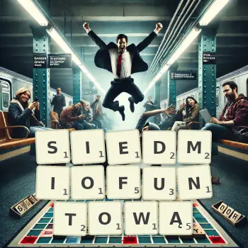 Kreatywna ilustracja do gry w Scrabble ze słowem SIEDMIOFUNTOWĄ ułożonym z płytek na planszy.