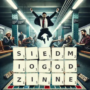 Kreatywna ilustracja do gry w Scrabble ze słowem SIEDMIOGODZINNE ułożonym z płytek na planszy.