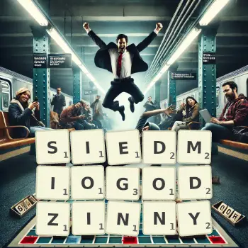 Kreatywna ilustracja do gry w Scrabble ze słowem SIEDMIOGODZINNY ułożonym z płytek na planszy.