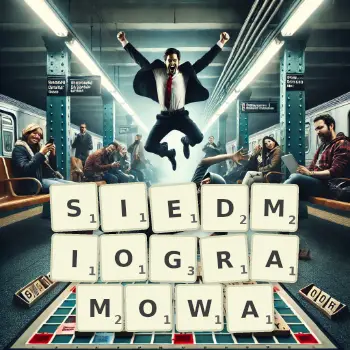 Kreatywna ilustracja do gry w Scrabble ze słowem SIEDMIOGRAMOWA ułożonym z płytek na planszy.