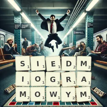 Kreatywna ilustracja do gry w Scrabble ze słowem SIEDMIOGRAMOWYM ułożonym z płytek na planszy.