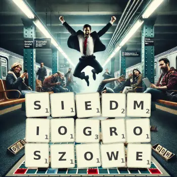 Kreatywna ilustracja do gry w Scrabble ze słowem SIEDMIOGROSZOWE ułożonym z płytek na planszy.