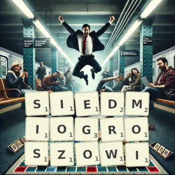 Kreatywna ilustracja do gry w Scrabble ze słowem SIEDMIOGROSZOWI ułożonym z płytek na planszy.