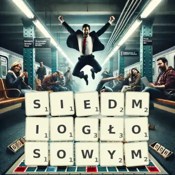 Kreatywna ilustracja do gry w Scrabble ze słowem SIEDMIOGŁOSOWYM ułożonym z płytek na planszy.