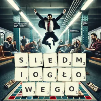 Kreatywna ilustracja do gry w Scrabble ze słowem SIEDMIOGŁOWEGO ułożonym z płytek na planszy.