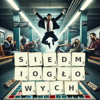 Kreatywna ilustracja do gry w Scrabble ze słowem SIEDMIOGŁOWYCH ułożonym z płytek na planszy.