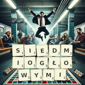 Kreatywna ilustracja do gry w Scrabble ze słowem SIEDMIOGŁOWYMI ułożonym z płytek na planszy.