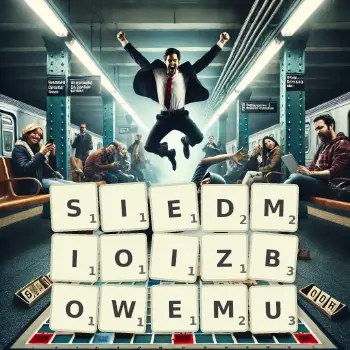 Kreatywna ilustracja do gry w Scrabble ze słowem SIEDMIOIZBOWEMU ułożonym z płytek na planszy.