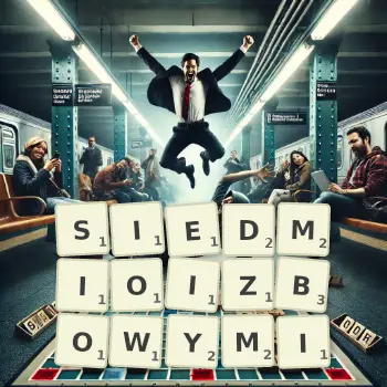 Kreatywna ilustracja do gry w Scrabble ze słowem SIEDMIOIZBOWYMI ułożonym z płytek na planszy.