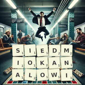 Kreatywna ilustracja do gry w Scrabble ze słowem SIEDMIOKANALOWI ułożonym z płytek na planszy.