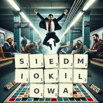 Kreatywna ilustracja do gry w Scrabble ze słowem SIEDMIOKILOWA ułożonym z płytek na planszy.