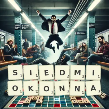 Kreatywna ilustracja do gry w Scrabble ze słowem SIEDMIOKONNA ułożonym z płytek na planszy.