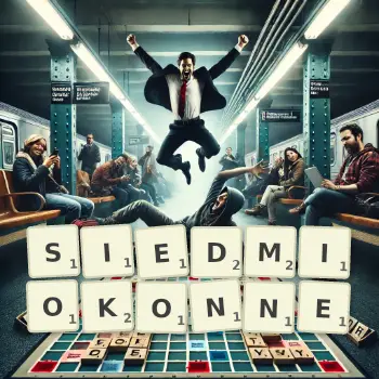 Kreatywna ilustracja do gry w Scrabble ze słowem SIEDMIOKONNE ułożonym z płytek na planszy.