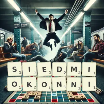 Kreatywna ilustracja do gry w Scrabble ze słowem SIEDMIOKONNI ułożonym z płytek na planszy.