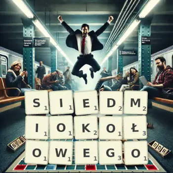 Kreatywna ilustracja do gry w Scrabble ze słowem SIEDMIOKOŁOWEGO ułożonym z płytek na planszy.