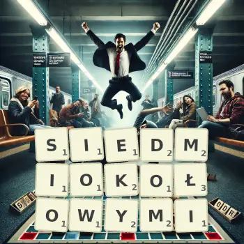 Kreatywna ilustracja do gry w Scrabble ze słowem SIEDMIOKOŁOWYMI ułożonym z płytek na planszy.