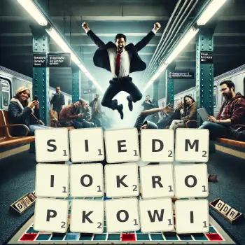 Kreatywna ilustracja do gry w Scrabble ze słowem SIEDMIOKROPKOWI ułożonym z płytek na planszy.