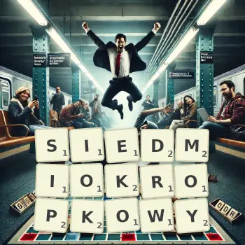 Kreatywna ilustracja do gry w Scrabble ze słowem SIEDMIOKROPKOWY ułożonym z płytek na planszy.