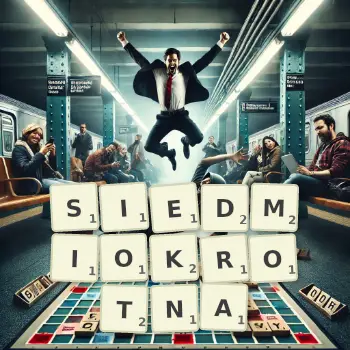 Kreatywna ilustracja do gry w Scrabble ze słowem SIEDMIOKROTNA ułożonym z płytek na planszy.