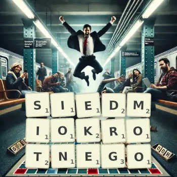 Kreatywna ilustracja do gry w Scrabble ze słowem SIEDMIOKROTNEGO ułożonym z płytek na planszy.